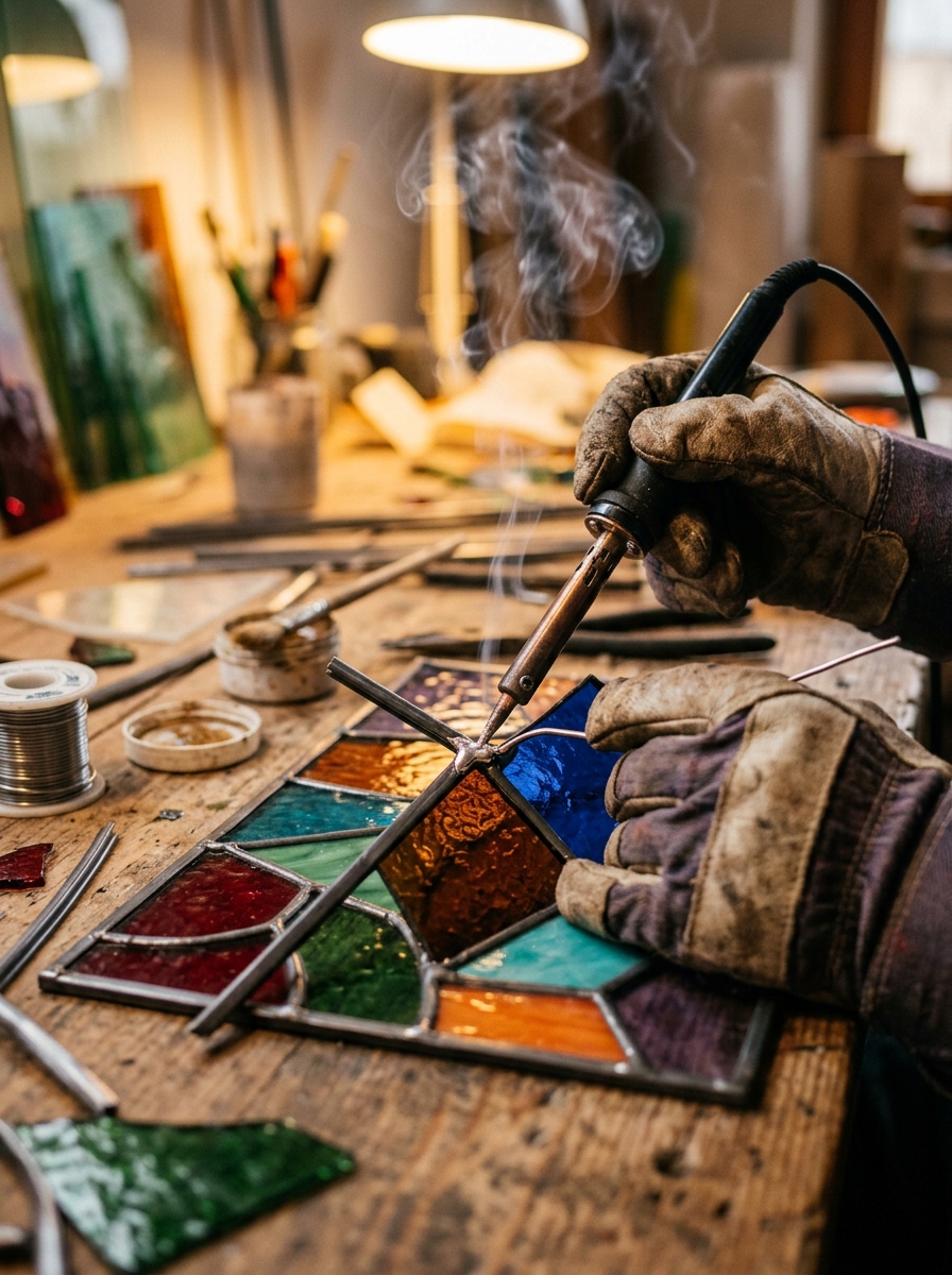 Artisan glass maker soldering lead cames on colored glass