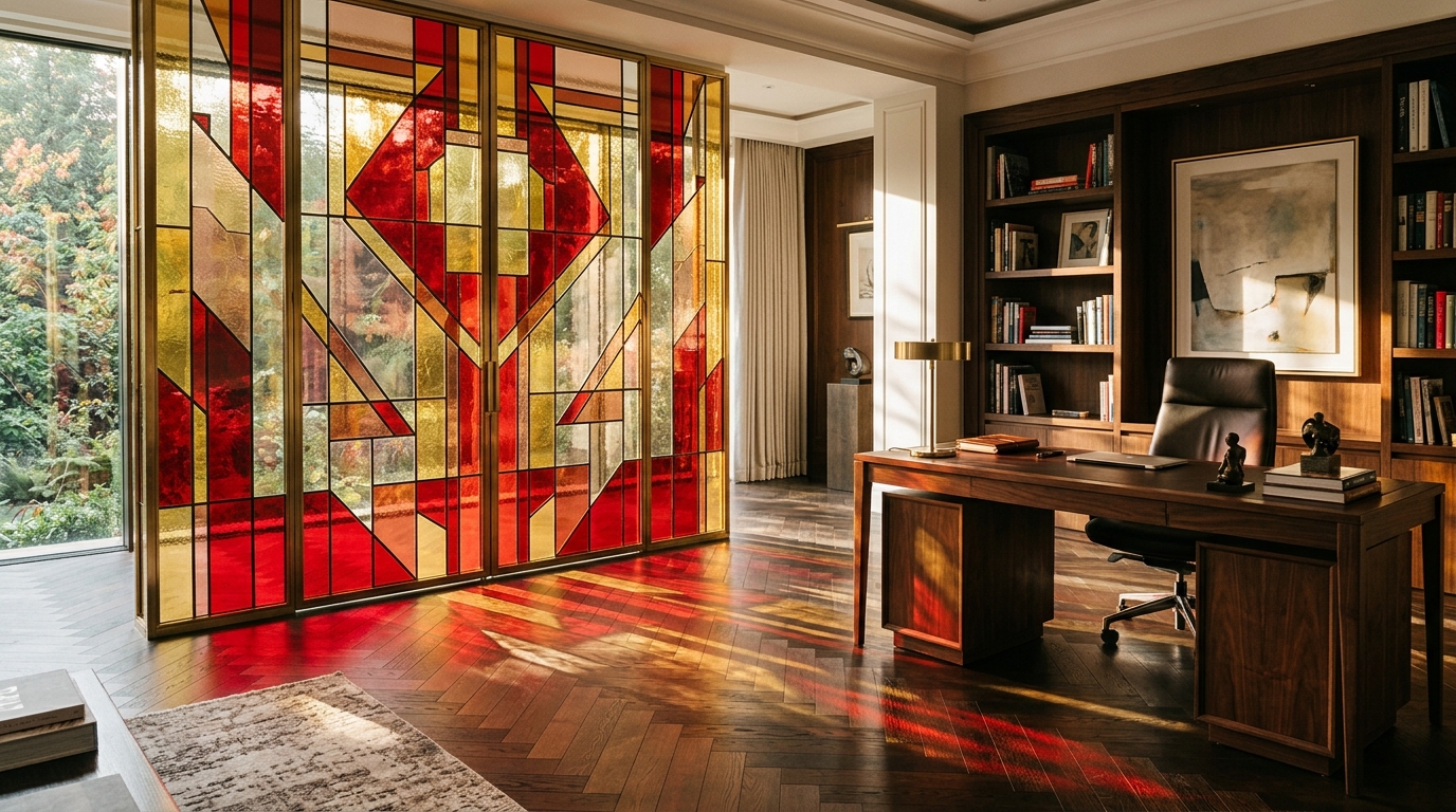 Paul Vitrail Geometric Stained Glass Partition Study Room Wall