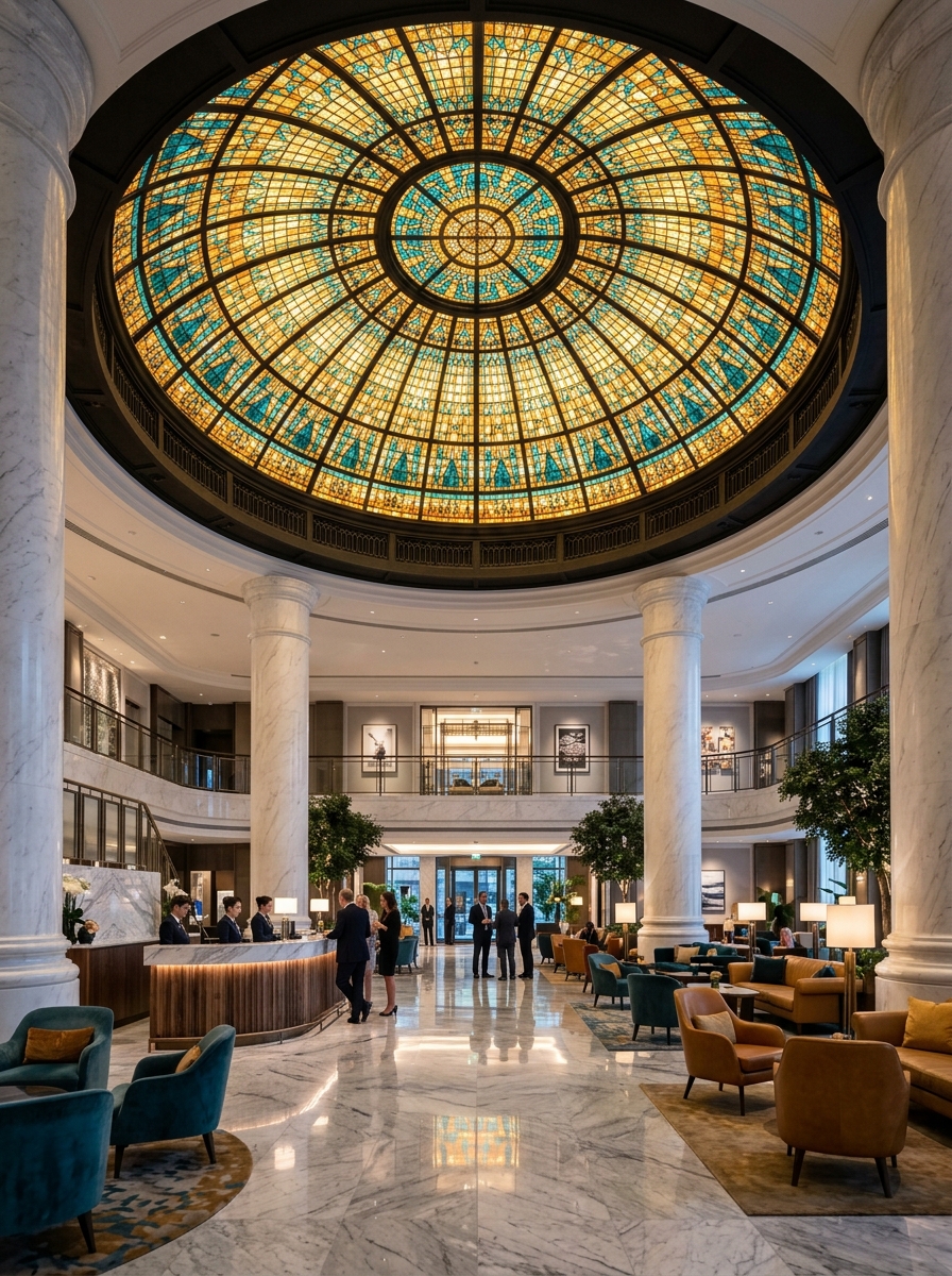 Stunning circular colored glass dome ceiling in hotel lobby